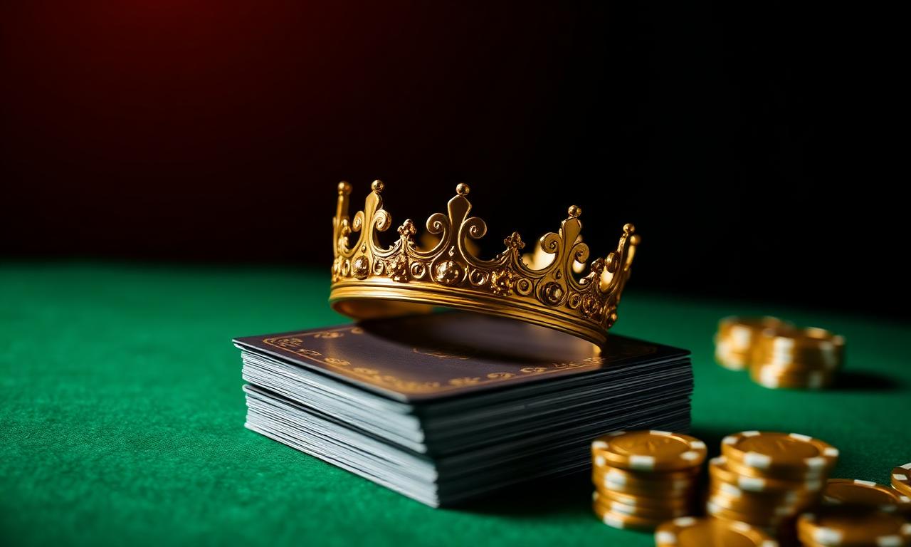 Gold crown on a stack of cards symbolising the Megaways VIP Casino loyalty programme